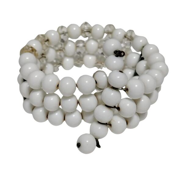 Antique White Glass & Crystal Bead Wire Strand Beaded Stiff Wire Cuff Bracelet - Picture 5 of 5
